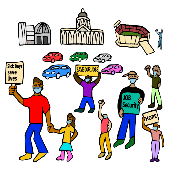 Illustration of working people winning paid sick days, eviction protections, and job security policies. Artwork by Felix Quintana.