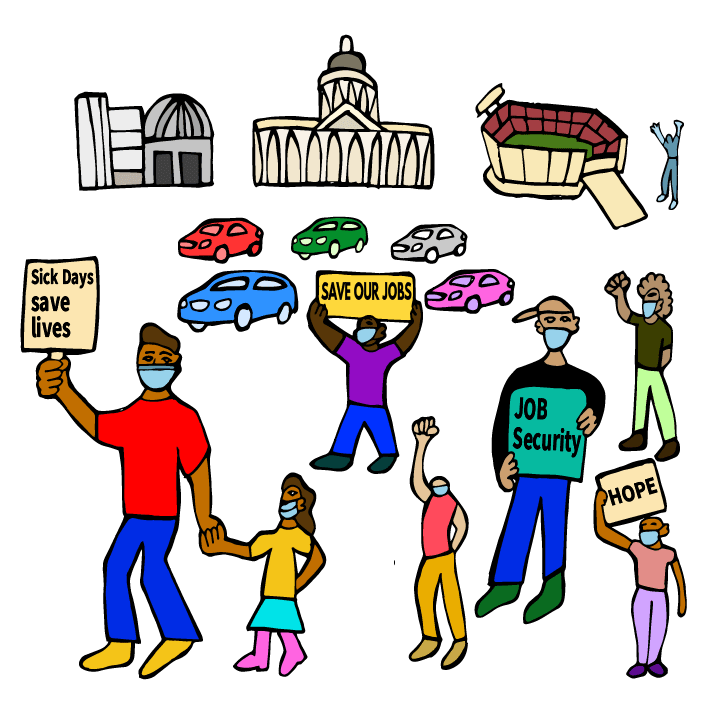 Illustration of working people winning paid sick days, eviction protections, and job security policies. Artwork by Felix Quintana.