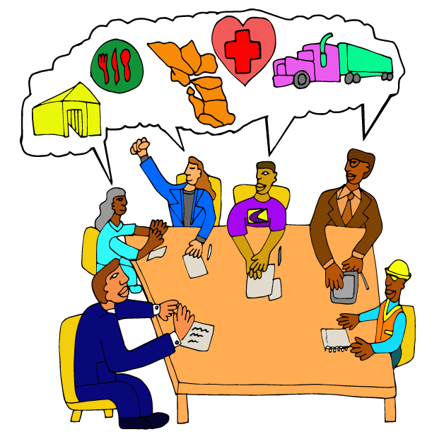 Illustration of workers, policymakers, researchers, and labor leaders talking about the future of work. Artwork by Felix Quintana.