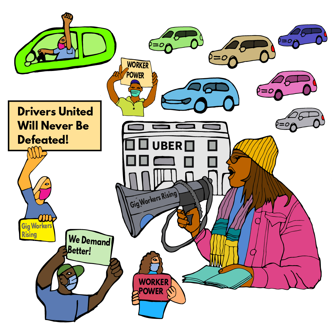 Illustration of gig workers at a rally outside Uber headquarters in San Francisco. Artwork by Felix Quintana.