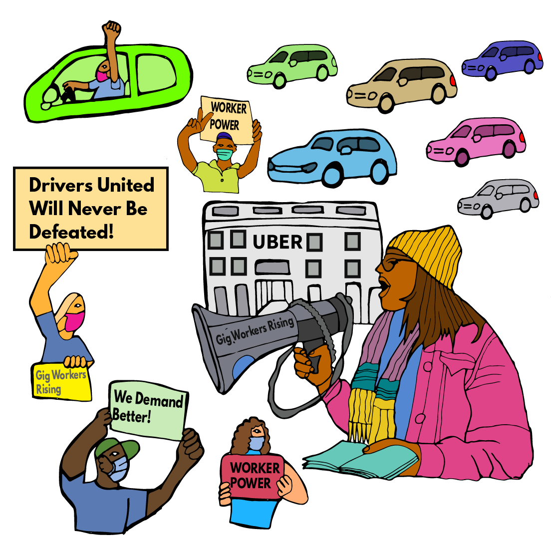 Illustration of gig workers at a rally outside Uber headquarters in San Francisco. Artwork by Felix Quintana.