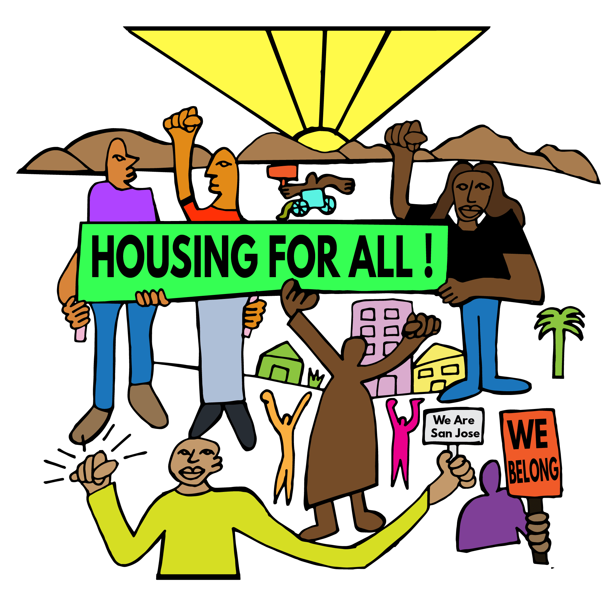 Illustration of people organizing for housing justice. Artwork by Felix Quintana.