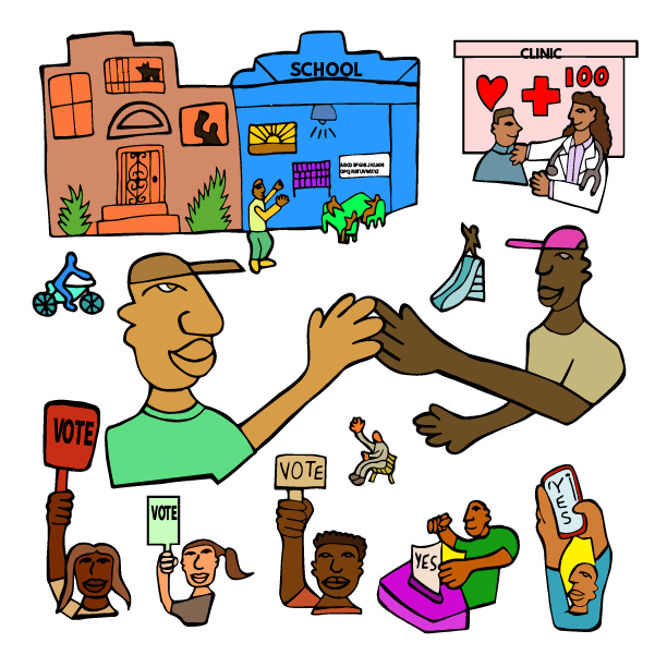 Illustration of people coming together in the movement for our schools & communities. Artwork by Felix Quintana.