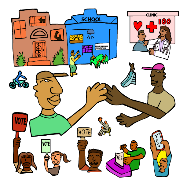 Illustration of people coming together in the movement for our schools & communities. Artwork by Felix Quintana.